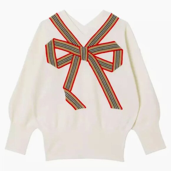 Burberry Girl Arabelle Icon Stripe Bow Wool Silk Top Sweater, Ivory, Sz 4Y, NWT! - Picture 1 of 12